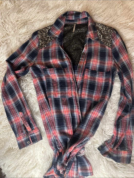 Free People Tops - Free People Little Bit of Sugar plaid Sequin-Trim Shirt S